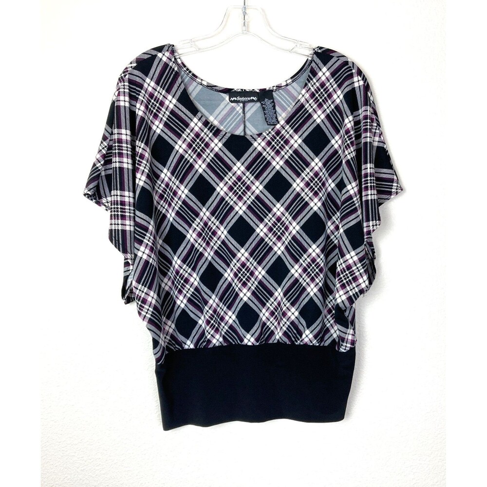Sixteen Women's Stretchy Pullover Top Size L Black Purple Plaid Short Sleeve